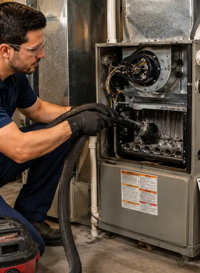 Technician cleaning furnace